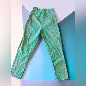 Vintage 60s Bright Green Orange  Floral high waisted Buttons peddle pusher pants